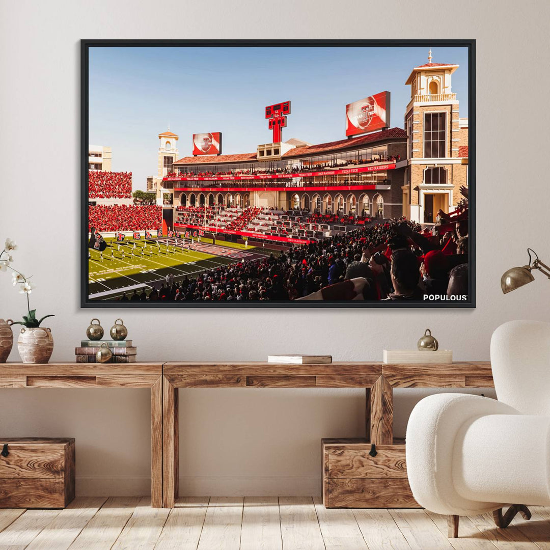 The three-panel Jones AT&T Stadium wall art is ideal for enhancing the living room decor of college football fans.