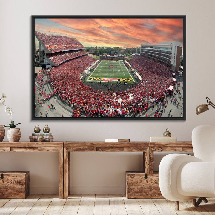 A packed SECU Stadium at sunset, ideal for your University of Maryland Terrapins Football Team wall art canvas print.