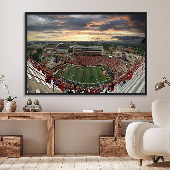 The University of Maryland Terrapins Football Team Print features SECU Stadium at sunset with vibrant skies.