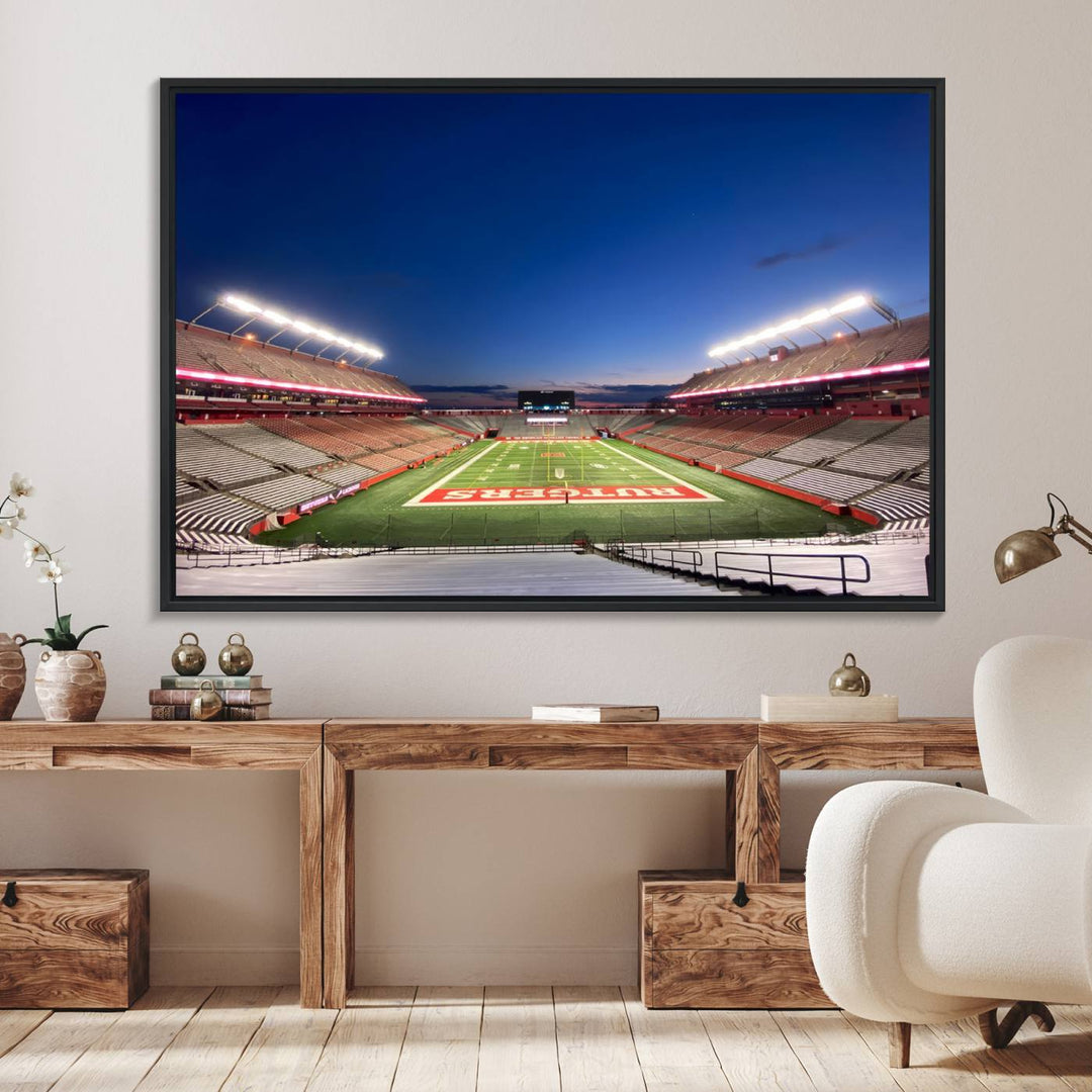 A large SHI Stadium at dusk, ideal for a Rutgers Scarlet Knights Football Team canvas print.