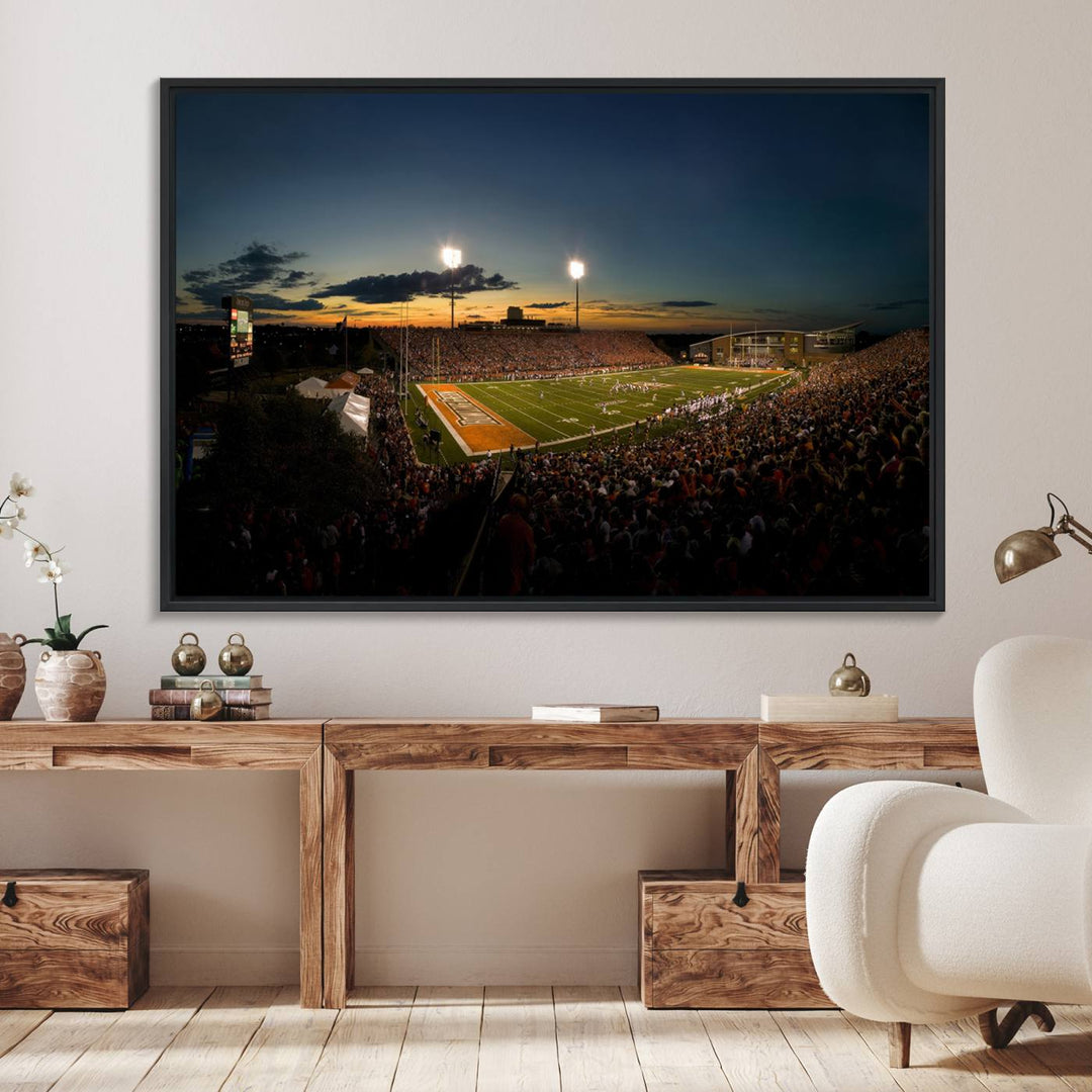 Ball State Cardinals Football Team Print - Muncie Scheumann Stadium Canvas featuring a sunset, floodlights, and lively crowd.