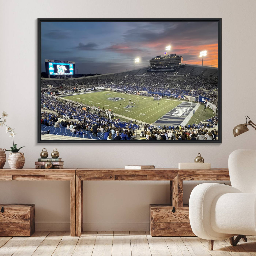 A Memphis Tigers football canvas print of Simmons Bank Liberty Stadium at sunset enhances the living room.