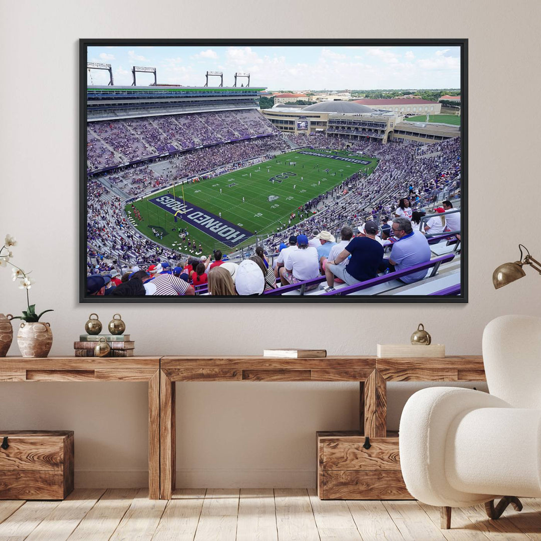 Amon G. Carter Stadium wall art canvas showcasing the TCU Horned Frogs and packed stands at Fort Worth.