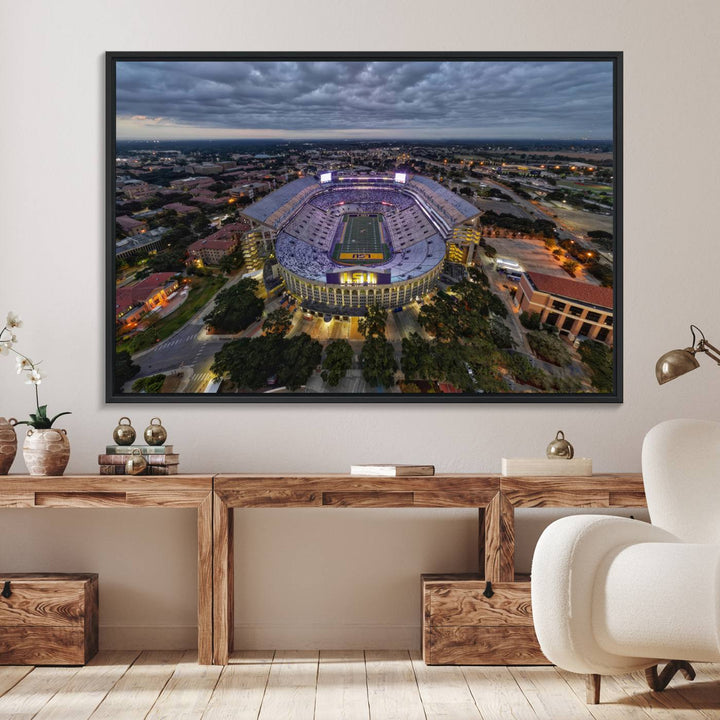 The LSU Tigers Football Team Baton Rouge Tiger Stadium Canvas is displayed prominently, capturing attention with its vivid depiction of the iconic stadium.