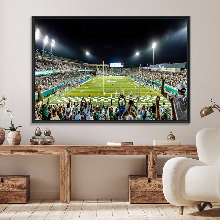 This vibrant wall art canvas print captures the excitement of fans cheering for the Tulane Green Wave Football Team under the lights of Yulman Stadium.