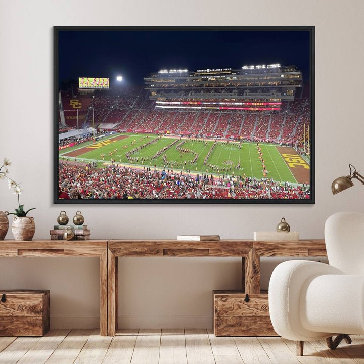 Canvas print depicting a packed stadium at night with a marching band forming USC, celebrating the Trojans at Los Angeles Memorial Coliseum.