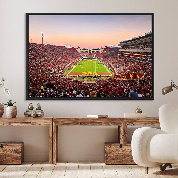 A USC Trojans wall art canvas print highlights the scene, depicting the Coliseum Stadium at sunset.