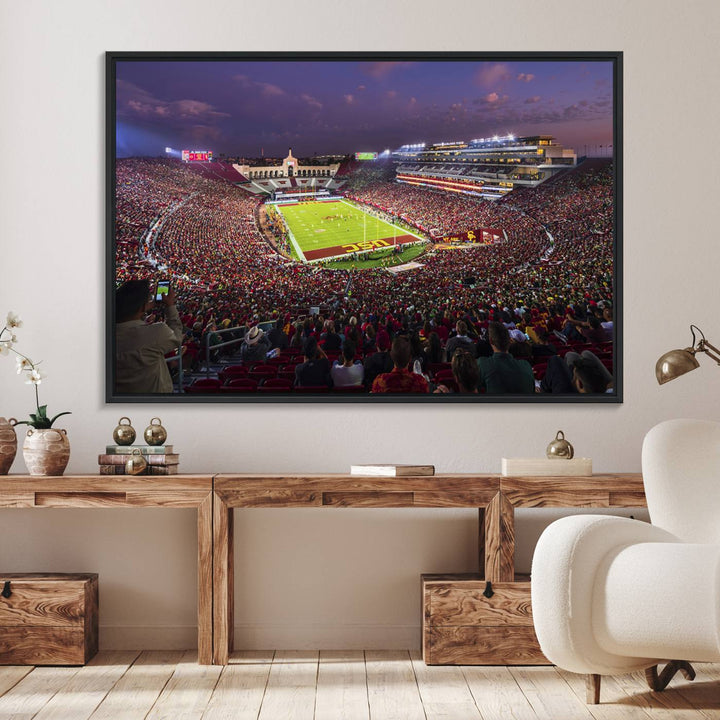 The vibrant wall art canvas print captures the USC Trojans playing under lights at dusk in LA Memorial Coliseum.