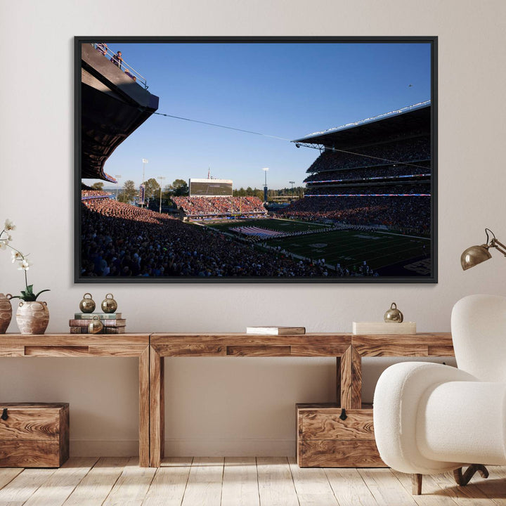 The University of Washington Huskies wall art print depicts Husky Stadium coming alive with fans as flags flutter.