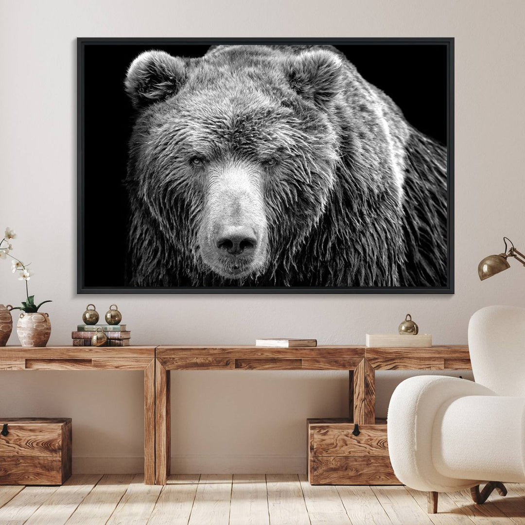 The 399 Grizzly Bear Canvas Print is displayed prominently on a wall in a modern living room.