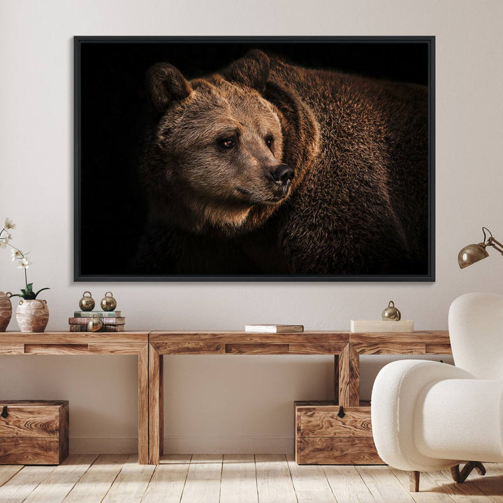 The Wild Grizzly 399 Bear Canvas Wall Art Print enhances modern living rooms with its neutral color palette.