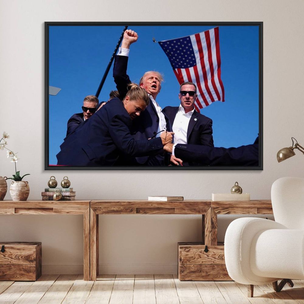 A wall art print depicting Trump reacting to an assassination attempt serves as a unique gift for supporters.