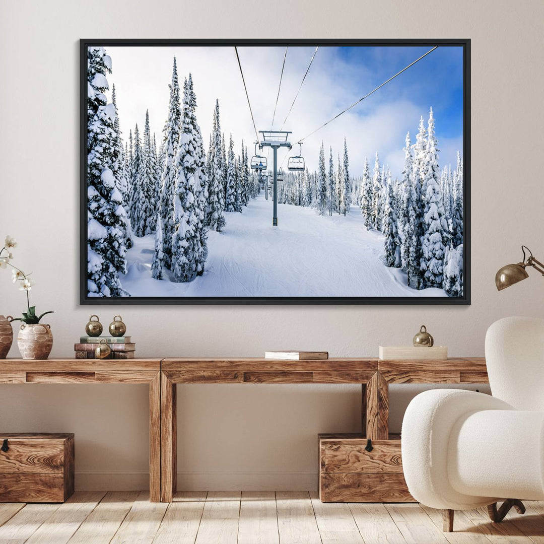 Winter Ski Lift Wall Art Print: Snowy Mountain Adventure, ideal for cabin or farmhouse decor under a clear blue sky.