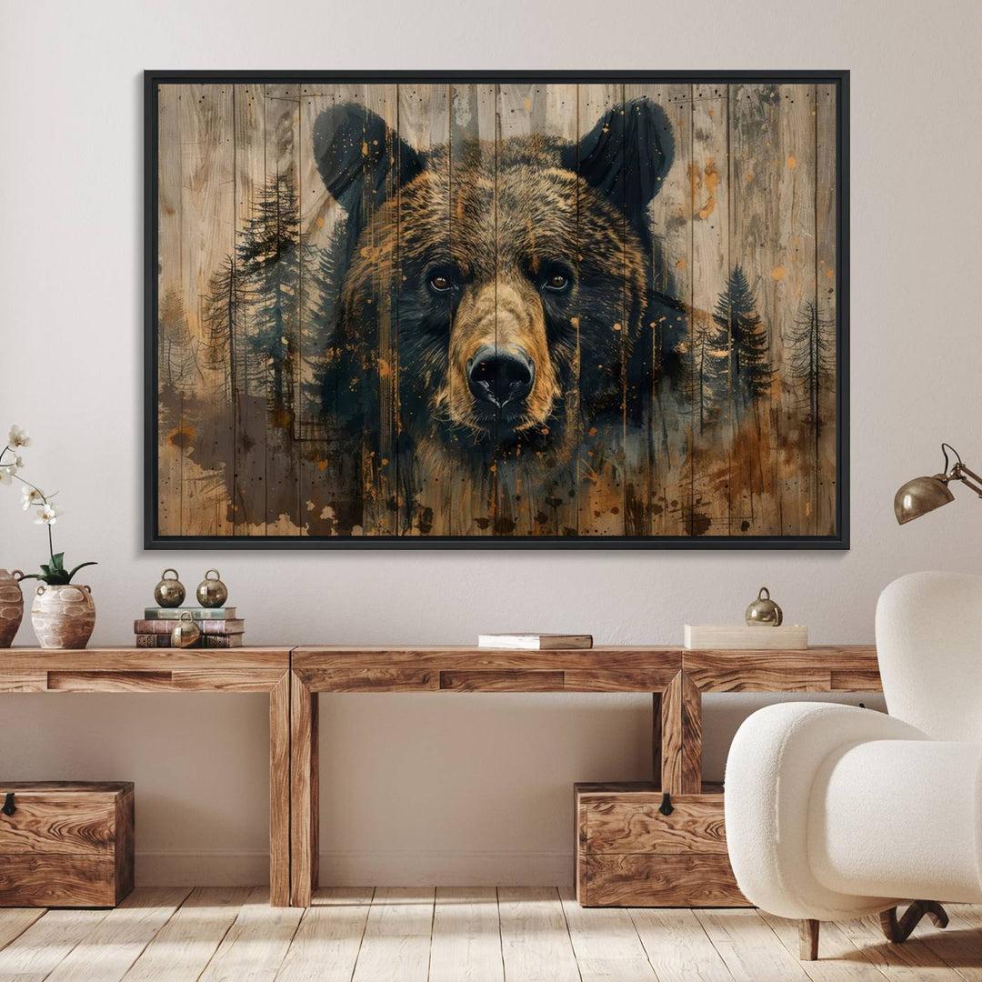 Abstract 399 Bear Wall Art showcases a bears face intertwined with forest trees, ideal for enhancing rustic lodge, cabin, or barn decor.