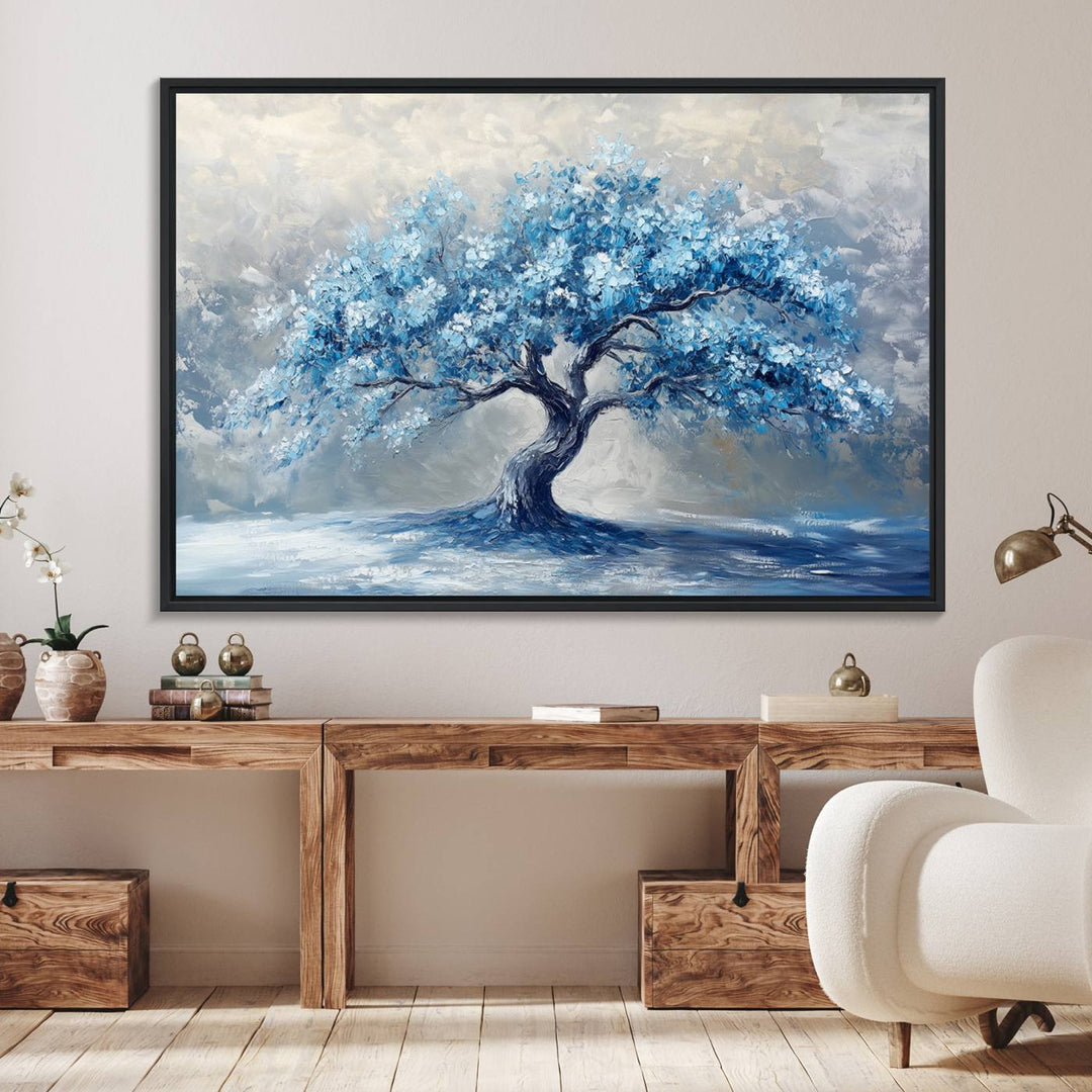 Abstract Blue Tree Art Print featuring textured blues and grays, perfect for farmhouse decor.