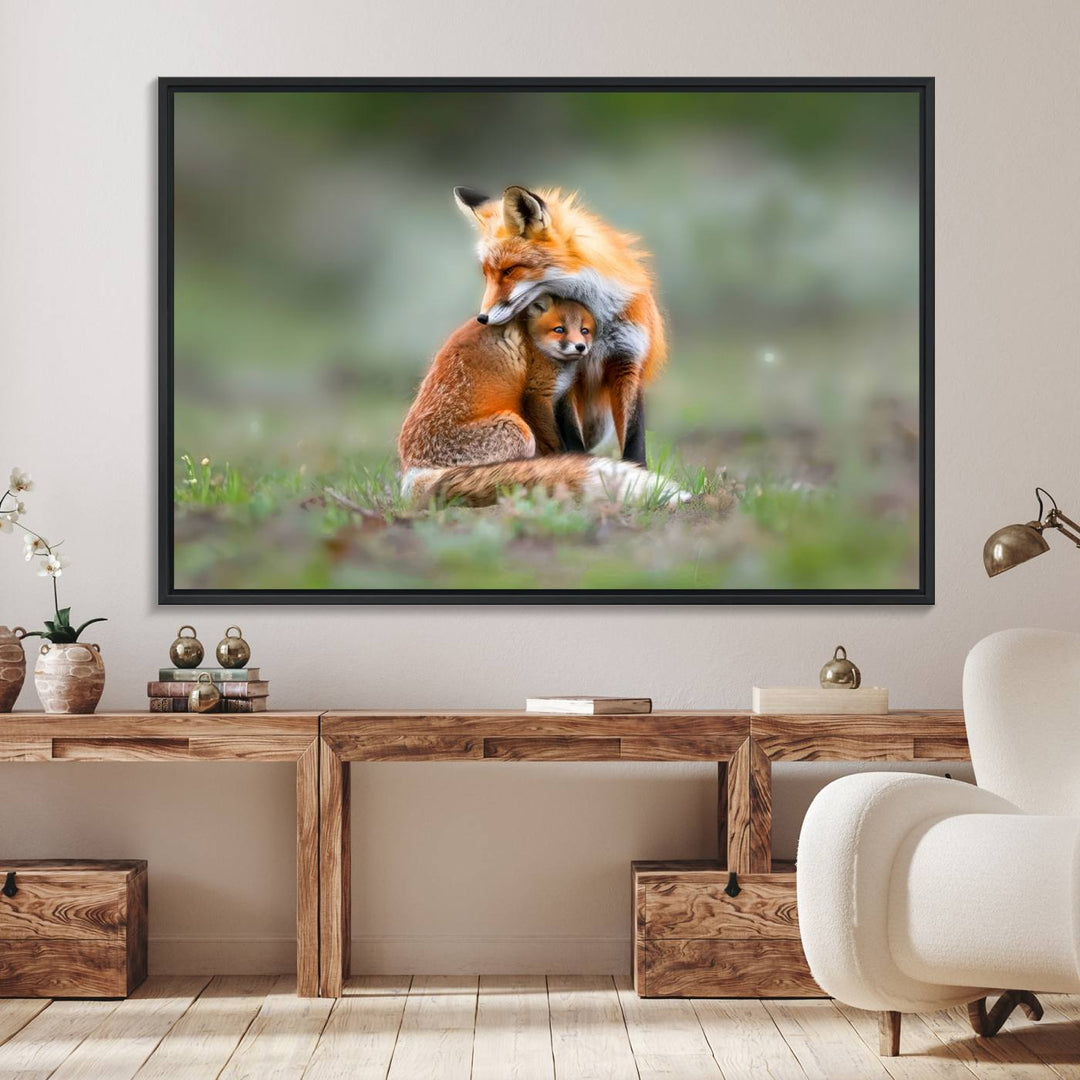 Heartwarming Fox and Baby Cub Wall Art - ready to hang, ideal for animal lovers, rustic decor, and cabin wall art.