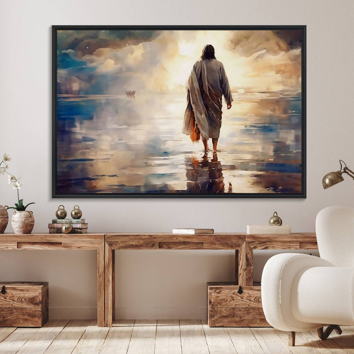 The wall art depicts a robed figure walking on water towards a boat, framed by a stunning sunset. This is showcased in the Jesus Walking on Water Triptych Canvas Print.