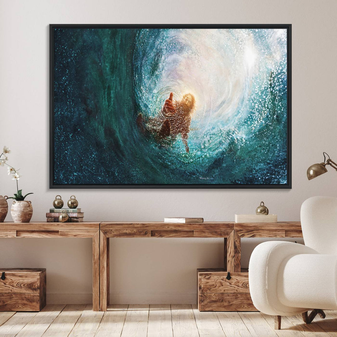 A swimmer heads towards light in an ethereal vortex on the Powerful Jesus Canvas Print - Hand of Salvation, Inspirational Wall Art.