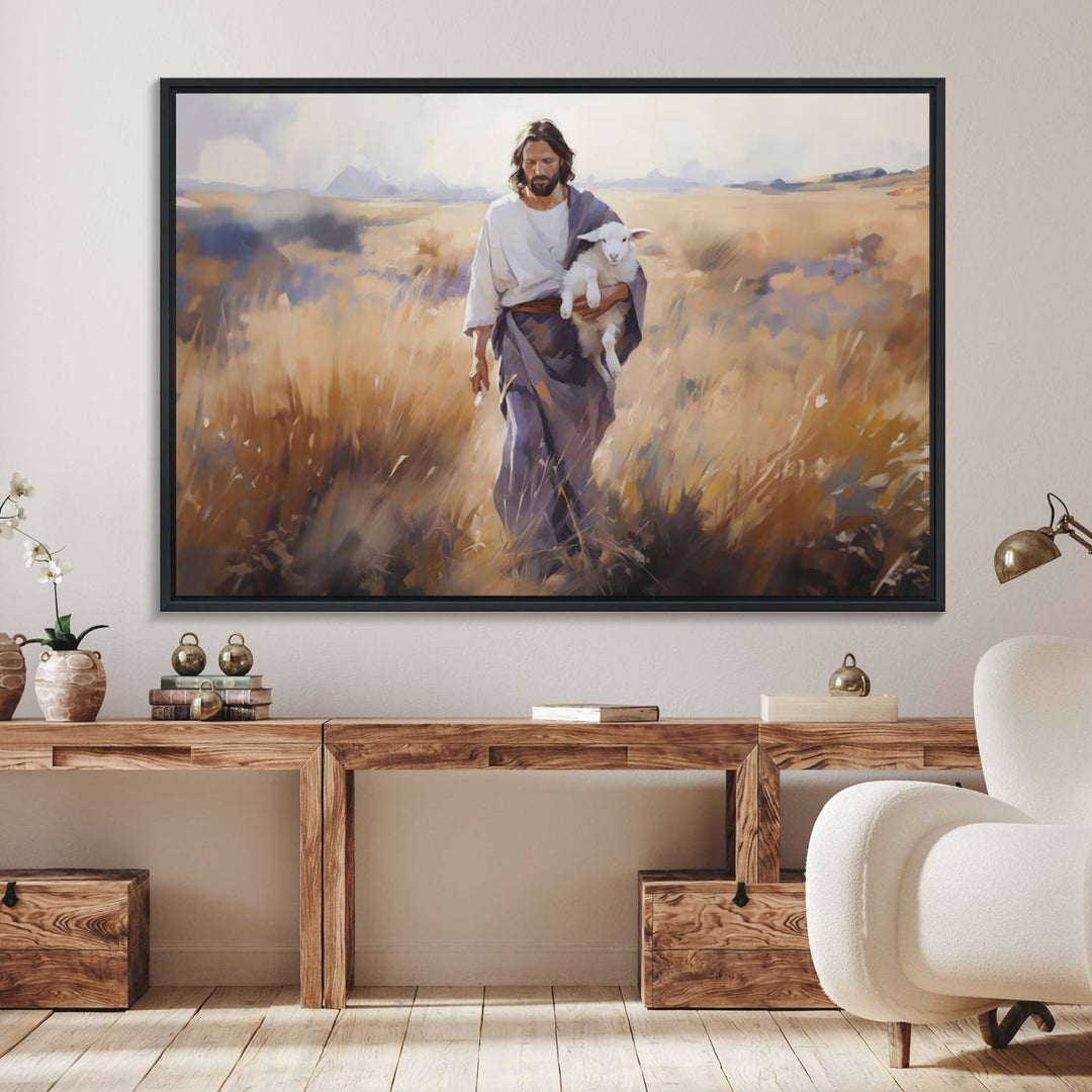 A canvas art piece depicts a bearded man carrying a lamb in a field, reminiscent of Jesus the Good Shepherd, ideal for prayer room decor.