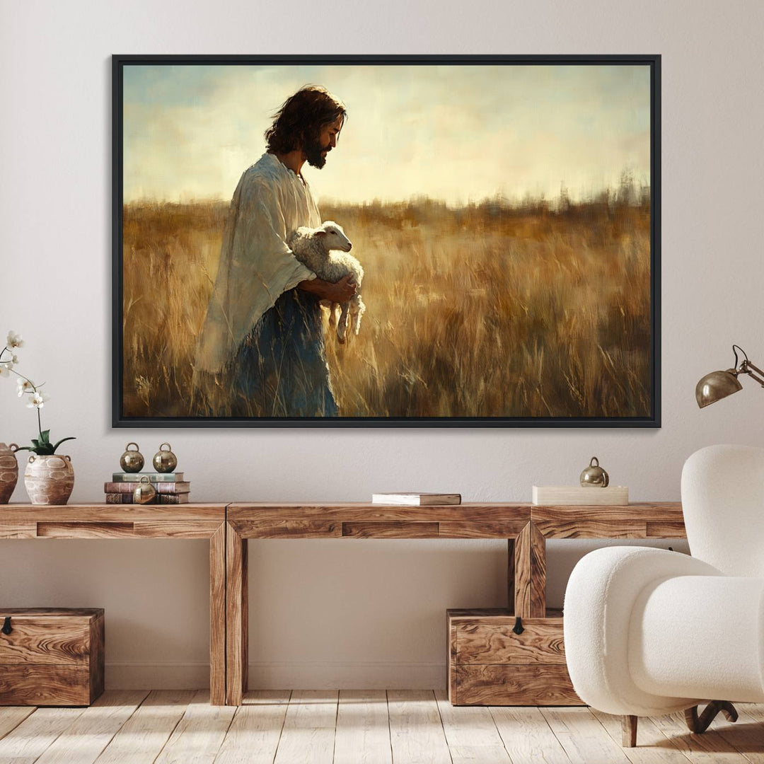 The Jesus the Good Shepherd wall art print depicts Jesus gently holding a lamb under a clear sky.