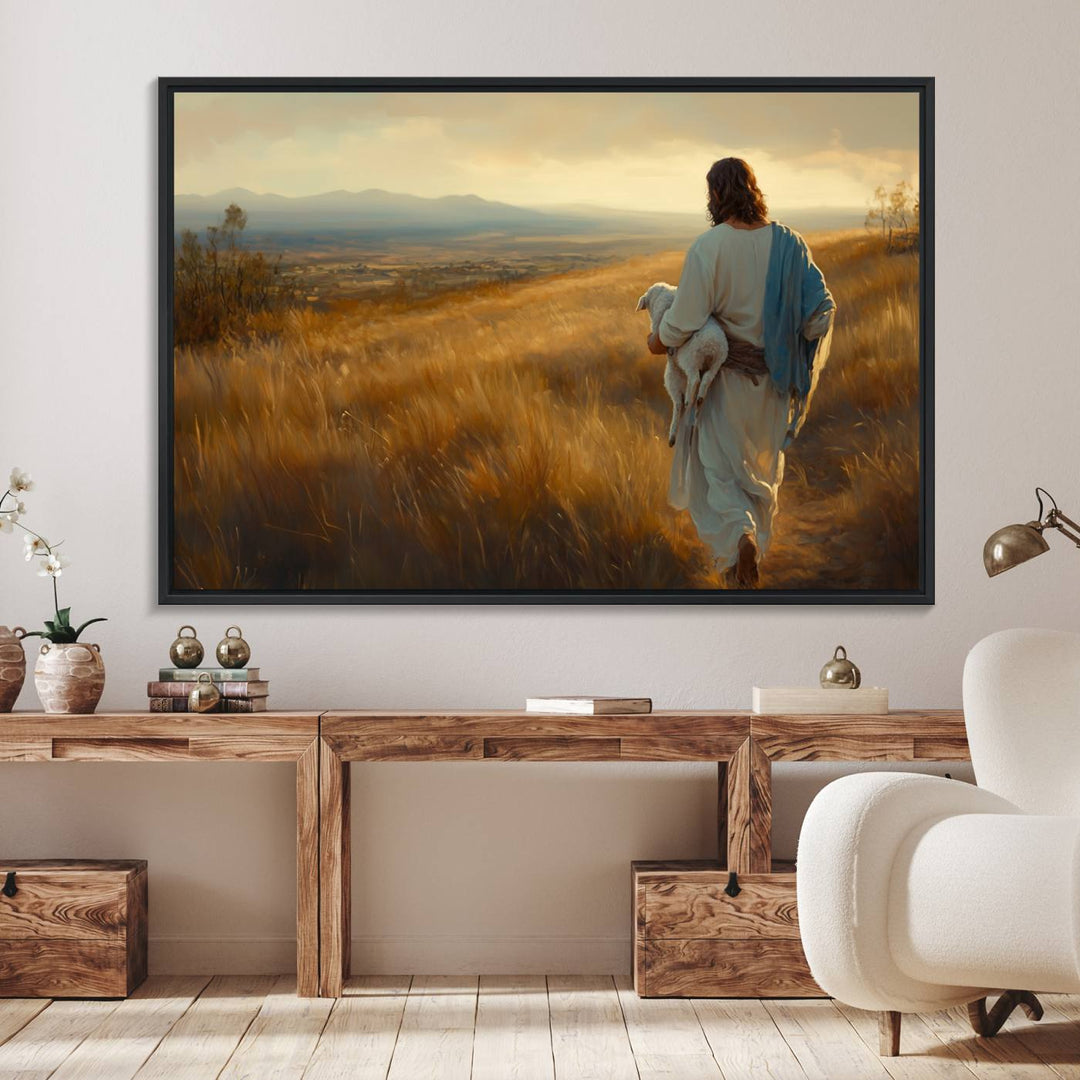 The wall art, titled Jesus the Good Shepherd, depicts a golden field at sunset.