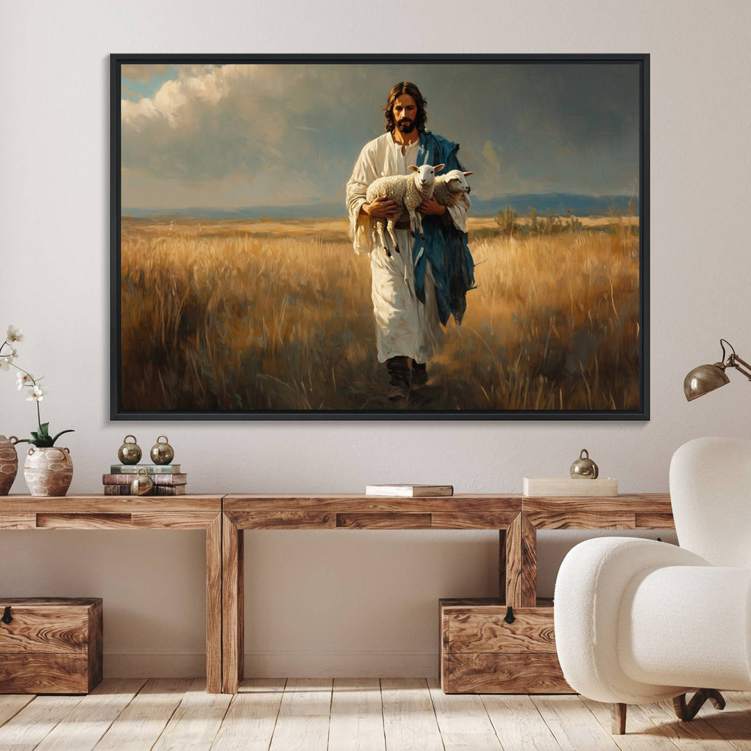 This Jesus Shepherd Wall Art depicts a figure in a white robe carrying a lamb, making it an ideal piece of Christian decor for your home.