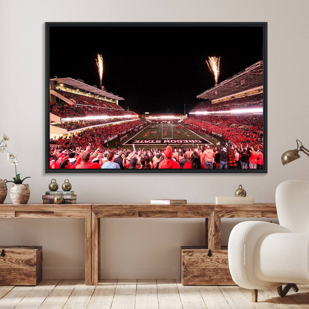 At Corvallis Reser Stadium, vibrant wall art captures the spirit of Oregon State Beavers football against a backdrop of a fireworks-lit night sky.