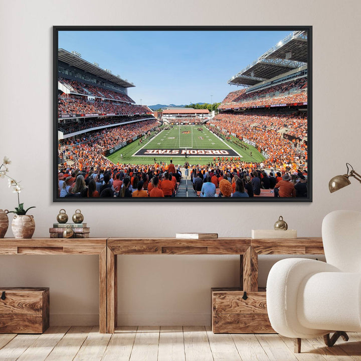 Wide-angle view of Corvallis Reser Stadium with Oregon State field, depicted in Beavers team print canvas art.