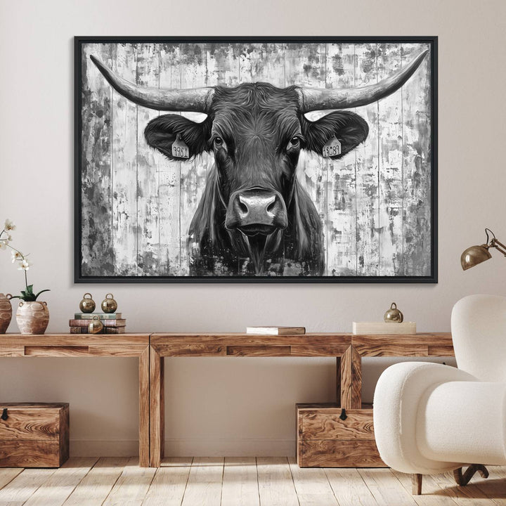 Abstract Longhorn Bull canvas print, featuring rustic Texas-themed wall art on a wooden background, ideal for Western decor.