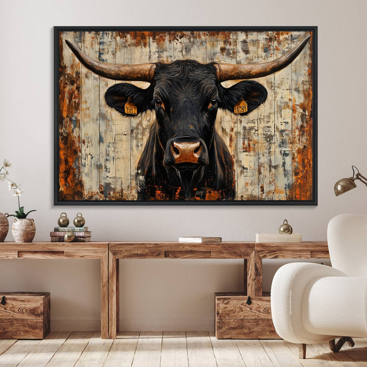 Black bull painting with horns and ear tags, ideal for rustic Texas decor - Abstract Cow Longhorn Bull Canvas Print.