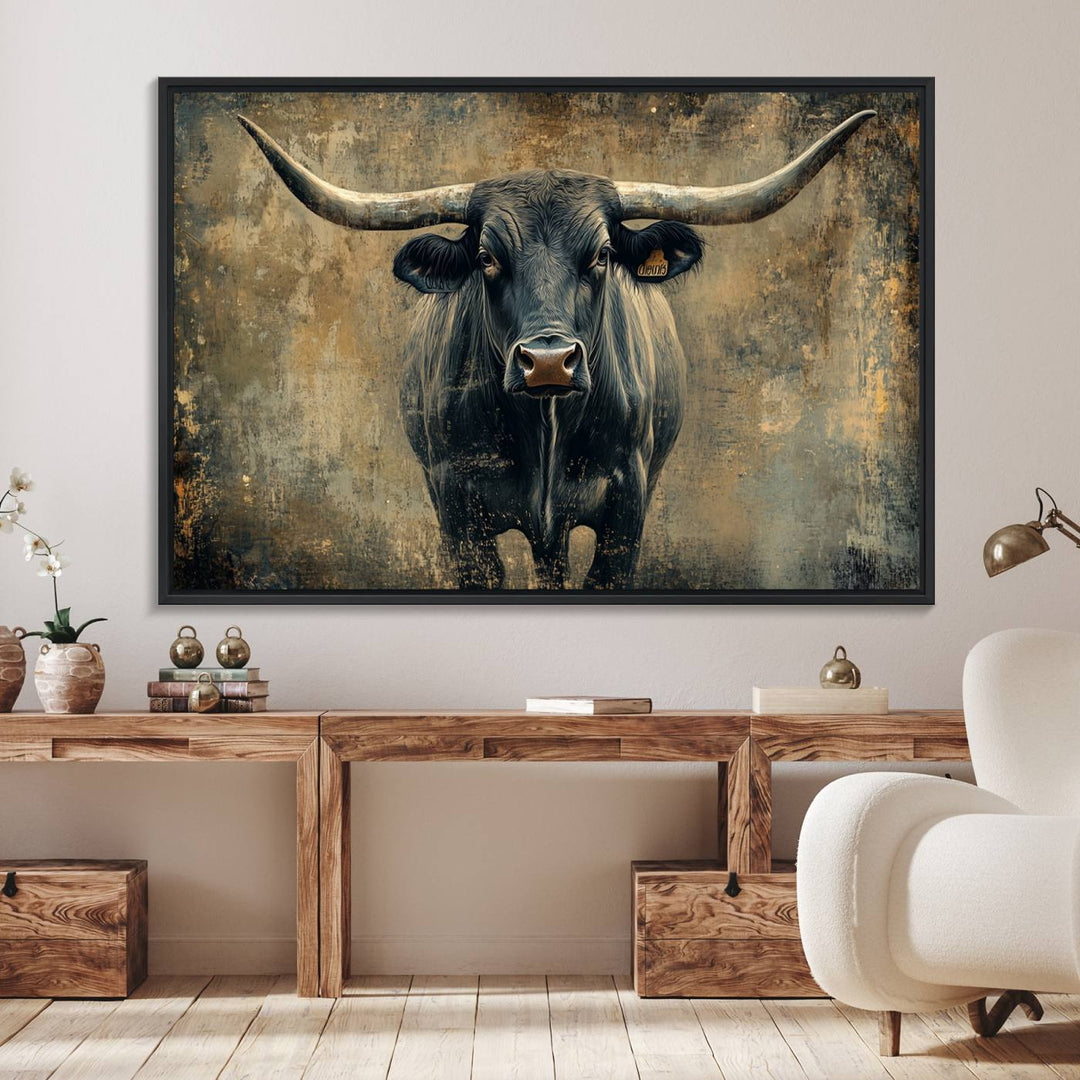 The Longhorn Bull Canvas Print features a bull with prominent horns facing forward, depicted in abstract Texas Western art style.