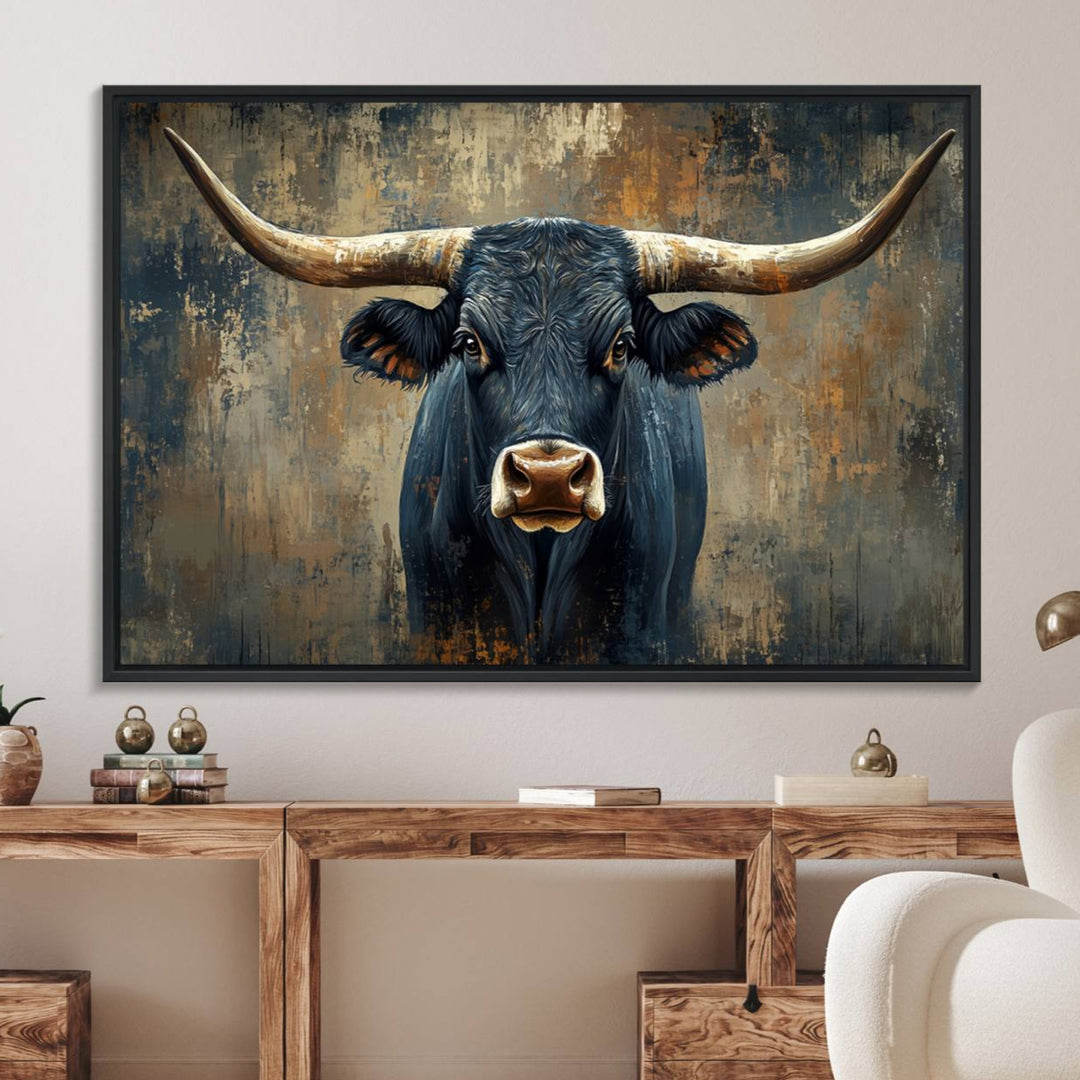 The Texas Western Wall Art Canvas Print showcases a Longhorn Bull set against an abstract brown and gray backdrop, making it perfect for rustic decor.