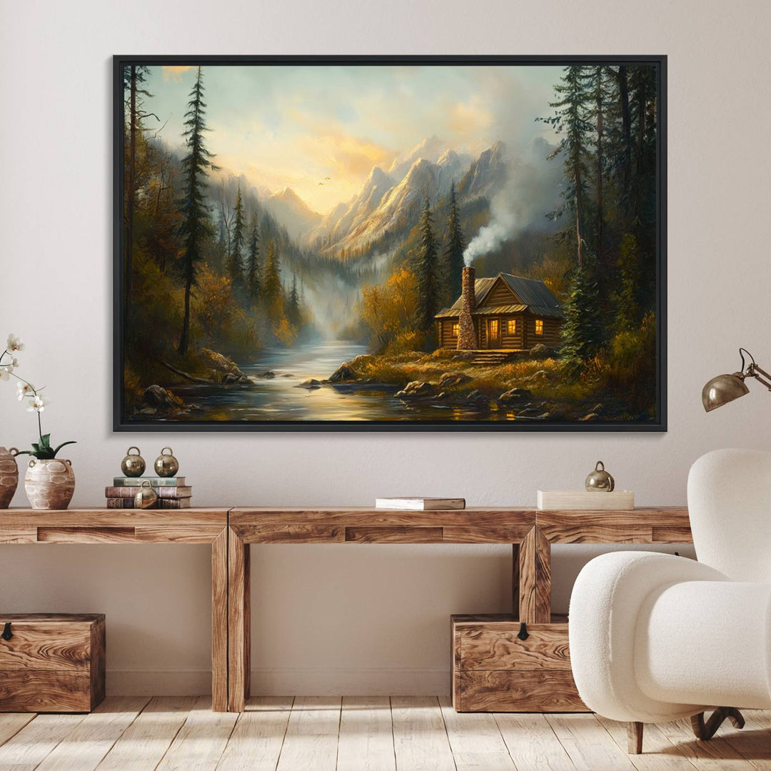 A cozy Wood Cabin Retreat Mountain at Sunset Wall Art features a serene forest and river landscape with smoke rising on a canvas print.