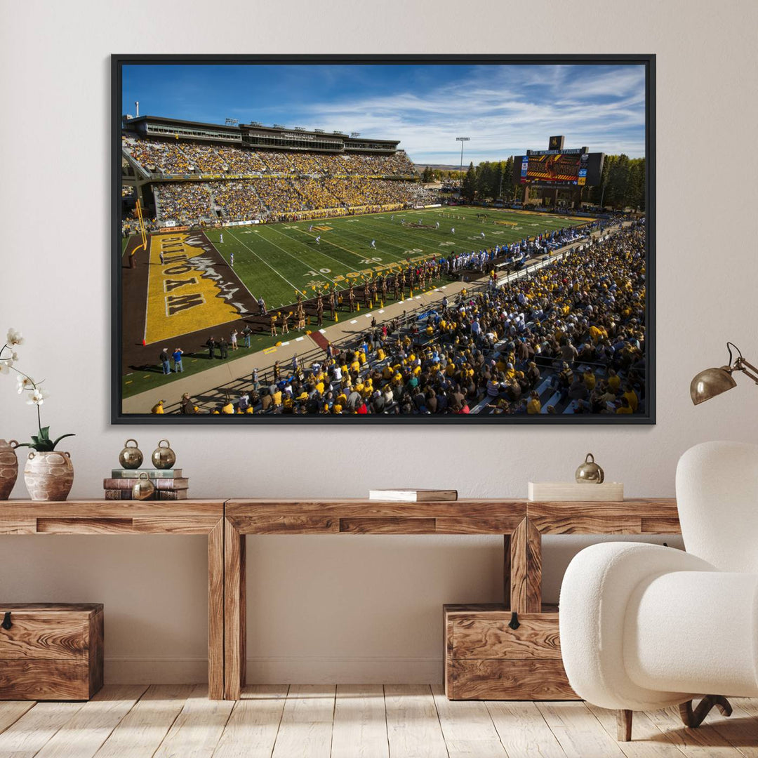 Canvas Wall Art Print: University of Wyoming Cowboys action at Jonah Field War Memorial Stadium under a sunny blue sky.