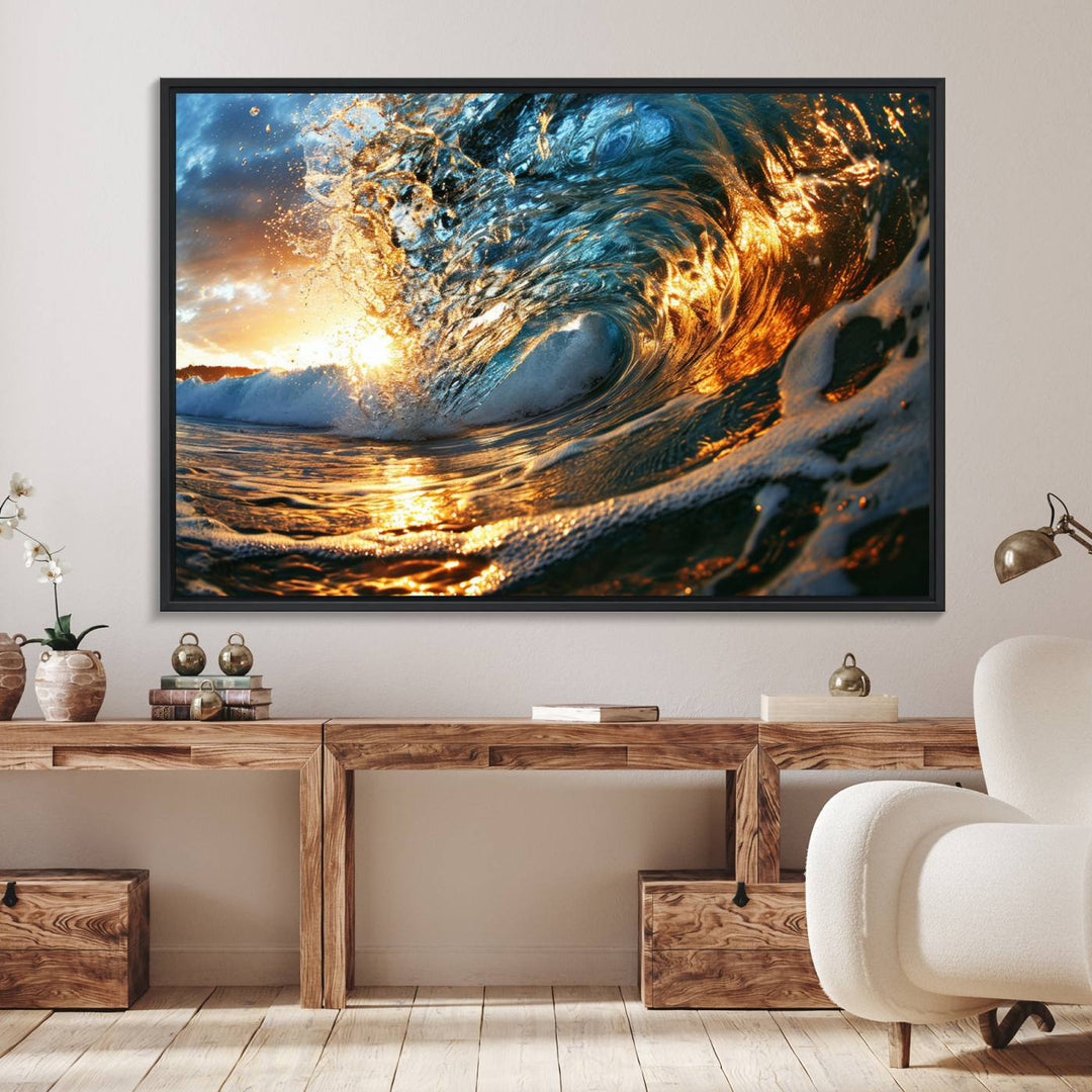 The Ocean Wave at Sunset canvas captures fiery waves with golden and blue hues, making it a perfect addition to nautical-themed decor.