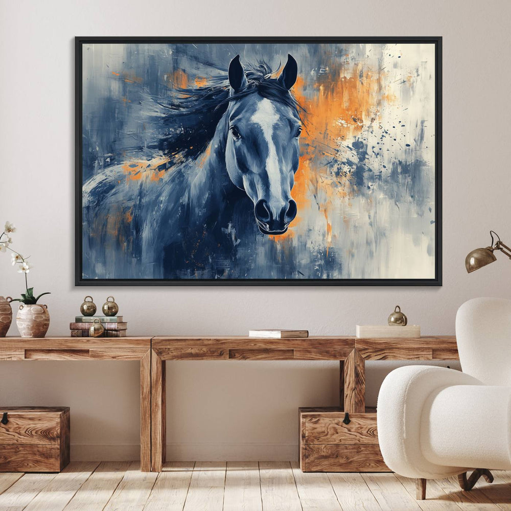 Abstract Blue Horse Art Print on Canvas, perfect for adding Western charm to a rustic farmhouse or cabin.