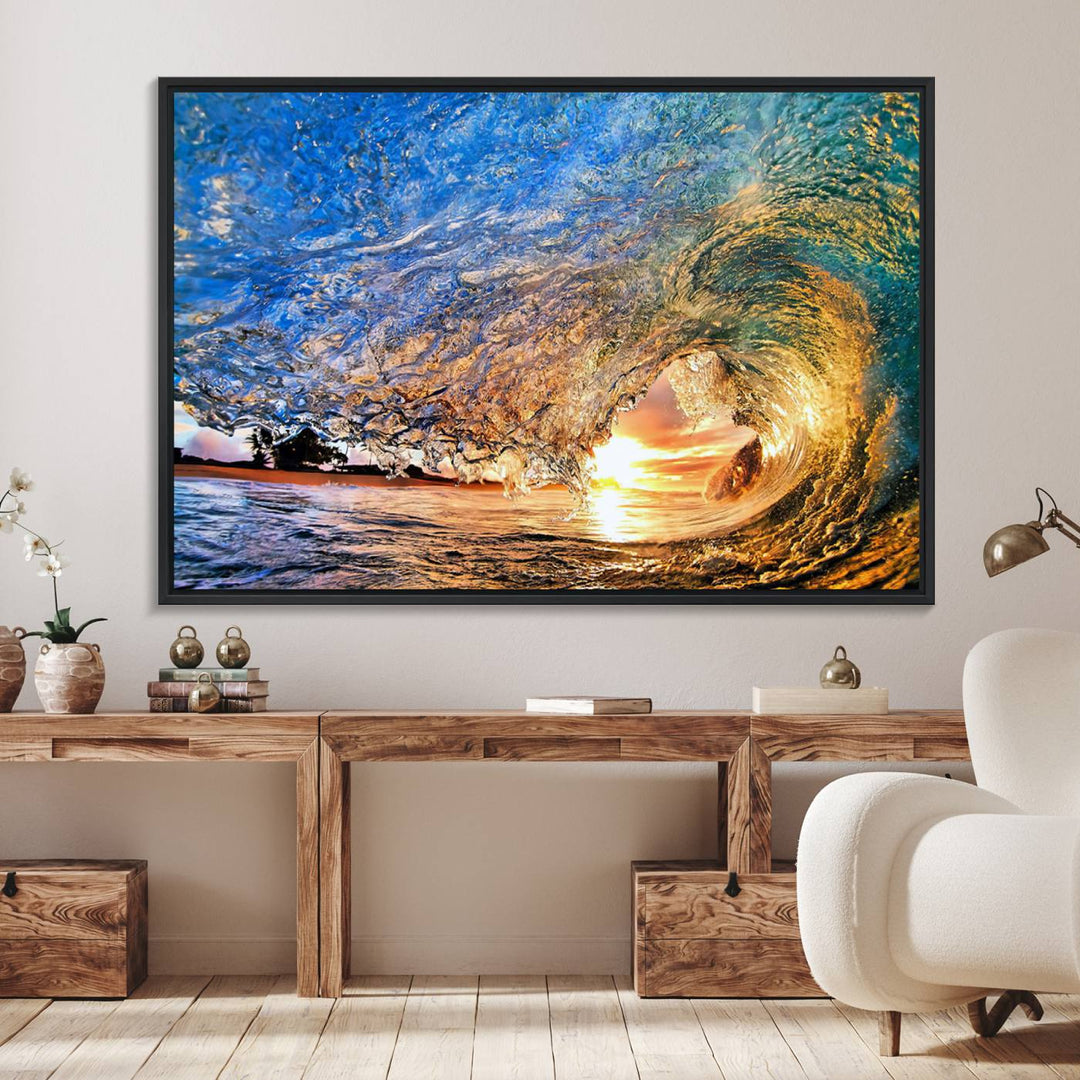 The Ocean Wave at Sunset Canvas Art captures vibrant coastal colors, perfect for nautical decor.