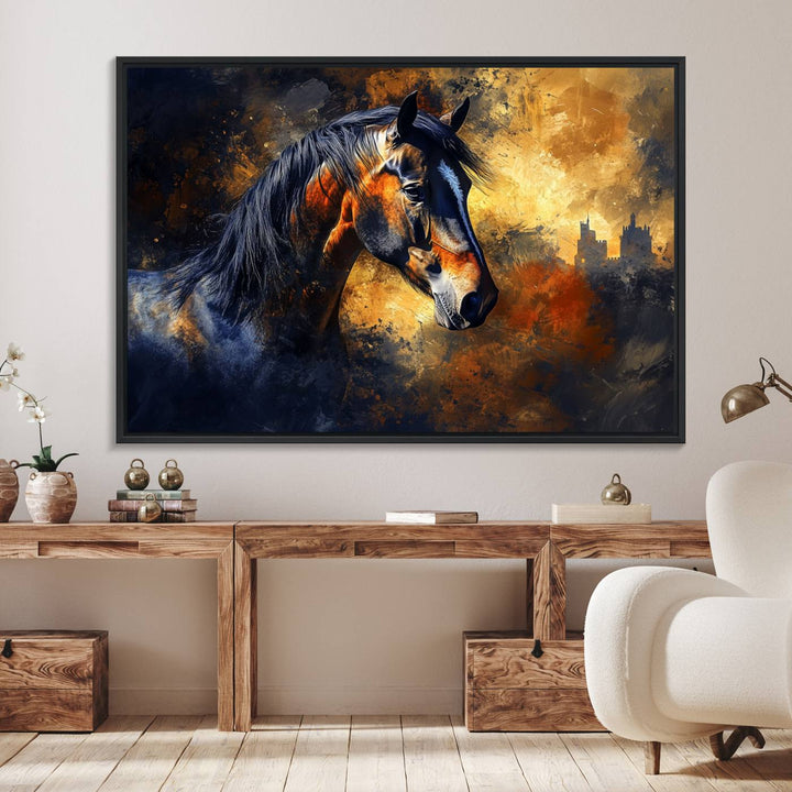 Abstract Horse Art Print on canvas, featuring a colorful background, perfect for rustic farmhouse or equestrian decor.