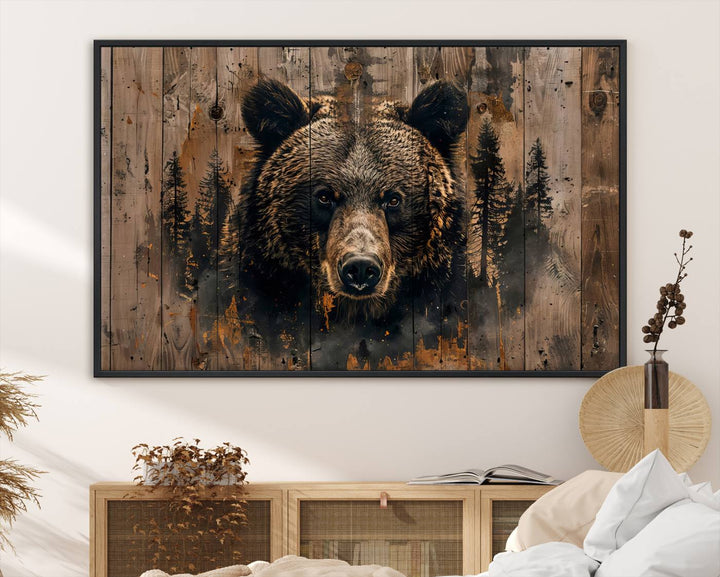 The bedroom showcases the Rustic Grizzly 399 Wall Art, a triptych canvas print that brings woodland charm to the space with its striking depiction of a bear. Elegantly displayed on a wooden wall, it enhances the rustic cabin feel.