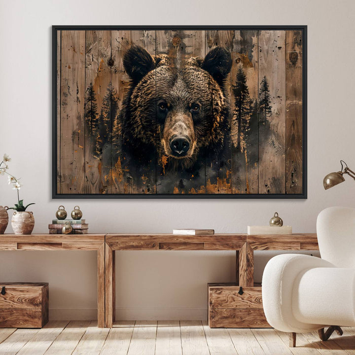 Rustic Grizzly 399 Wall Art is showcased against wood panels with forest silhouettes.