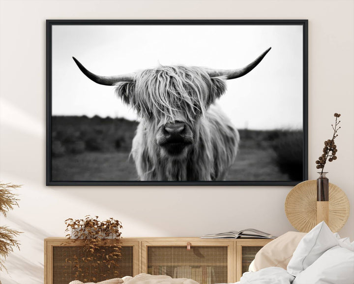 The Highland Cow Wall Art, a black and white farmhouse decor piece showcased as a triptych canvas print, graces a dark wall with its long-haired Scottish Highland cattle art print exuding rustic barn aesthetic.