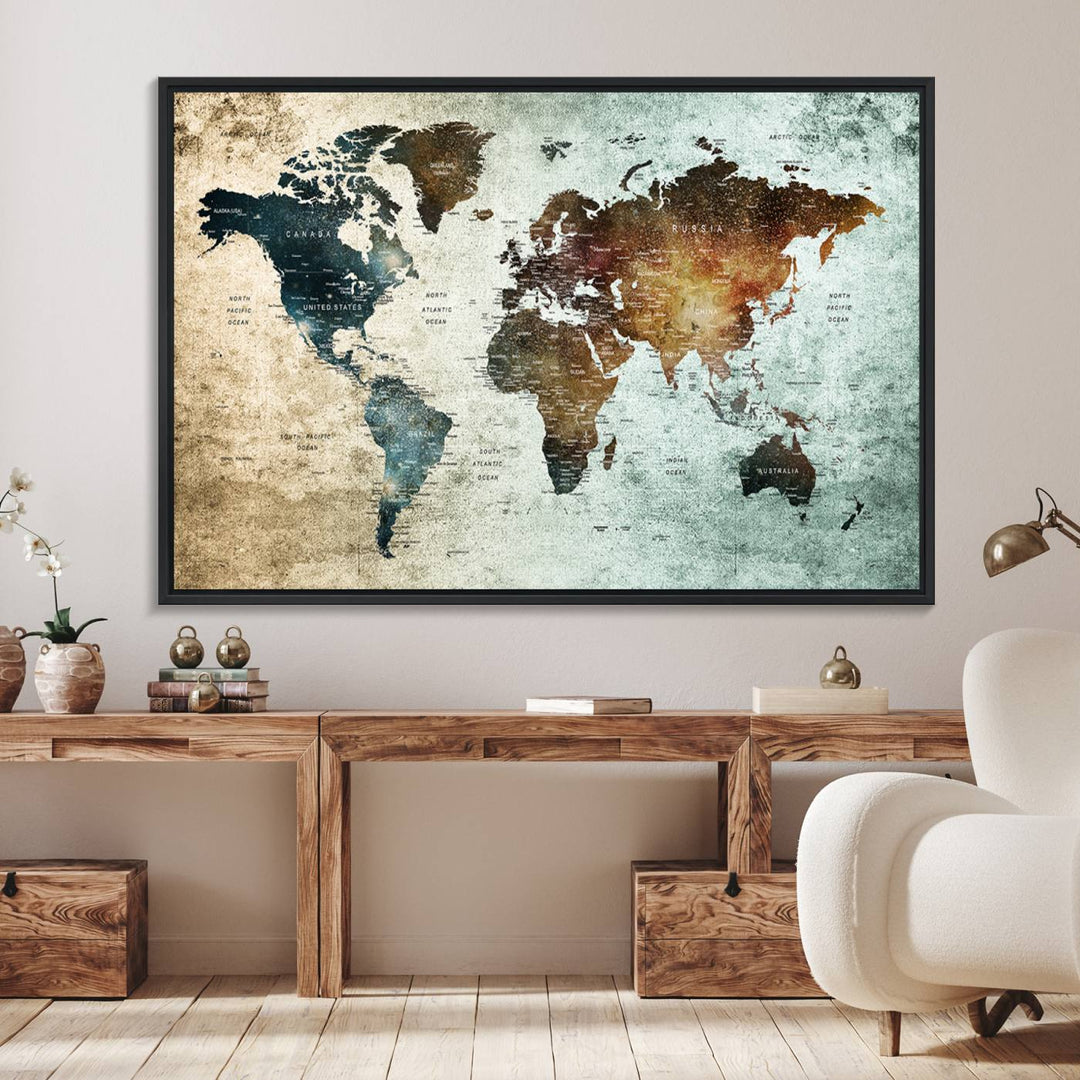 The Push Pin World Map Canvas Print serves as an ideal piece of wall art for travel lovers, showcasing vibrant colors and intricate details.