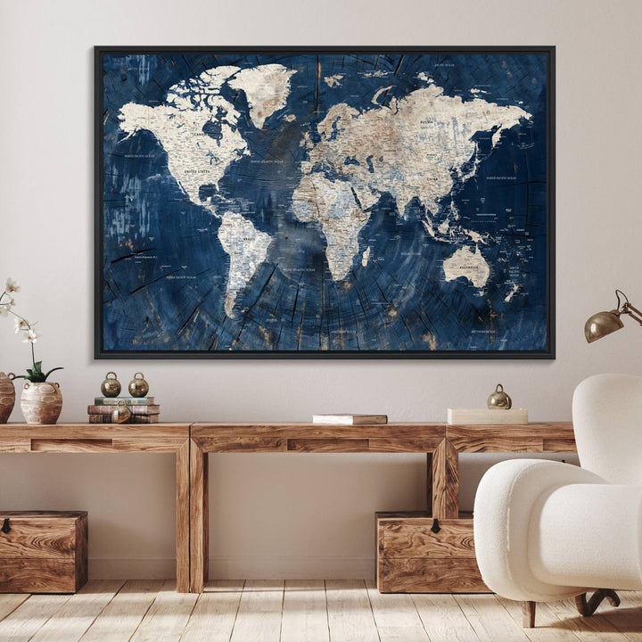 Rustic World Map Wall Art Canvas: Features a vintage blue design with a wood texture, highlighting continents in light hues.