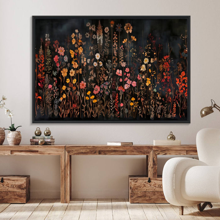 A large wildflower painting print on canvas featuring a colorful floral illustration, perfect as botanical decor for a stylish home.