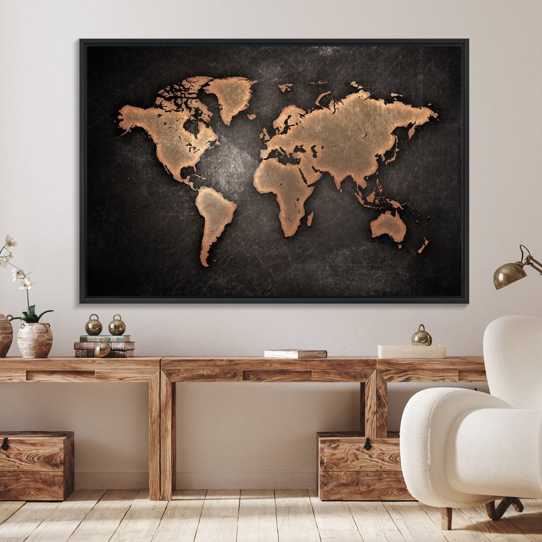 The Modern World Map on a metallic black canvas creates a striking effect.