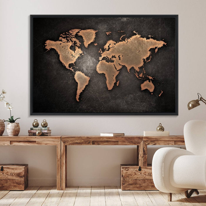 The Modern World Map on a metallic black canvas creates a striking effect.