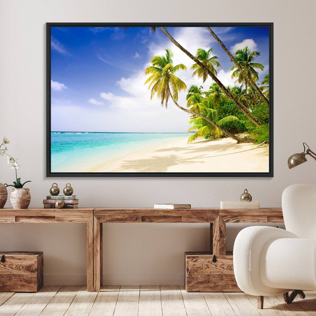 Tropical Beach Canvas: Palm Trees & White Sand Shore Decor, Vibrant Coastal Print, Ready to Hang.