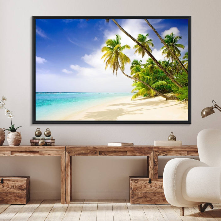 Tropical Beach Canvas: Palm Trees & White Sand Shore Decor, Vibrant Coastal Print, Ready to Hang.