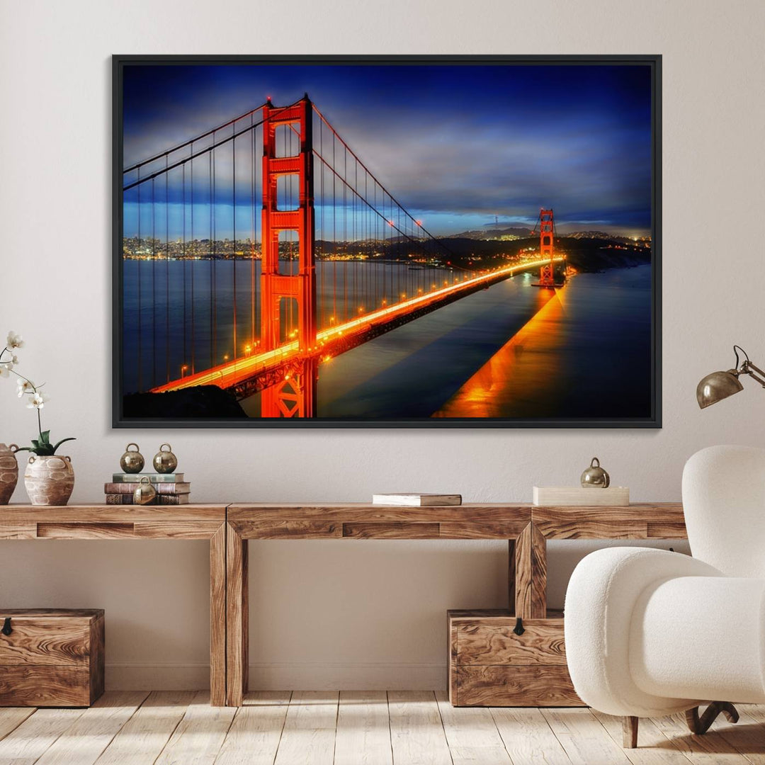 A large wall art San Francisco canvas print of the Golden Gate Bridge at twilight is displayed on a porch.