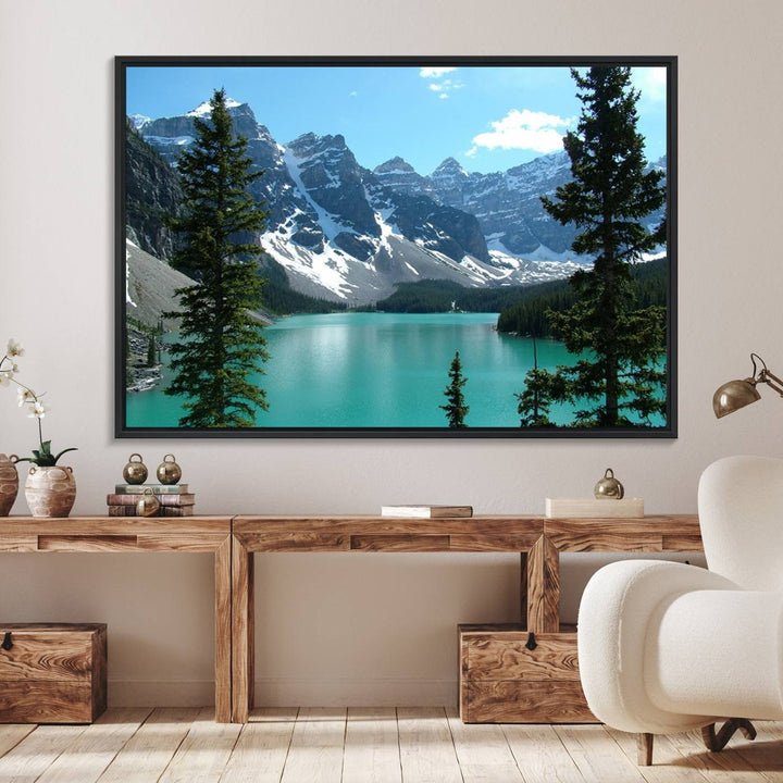 Canadian Rockies Moraine Lake Landscape Canvas Print showcasing a turquoise lake and mountain view.